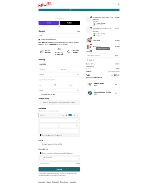 MìLà Dumplings checkout page showing MìLà Dumplings promo code box | Screenshot taken by SimplyCodes community member on Sep 6, 2025