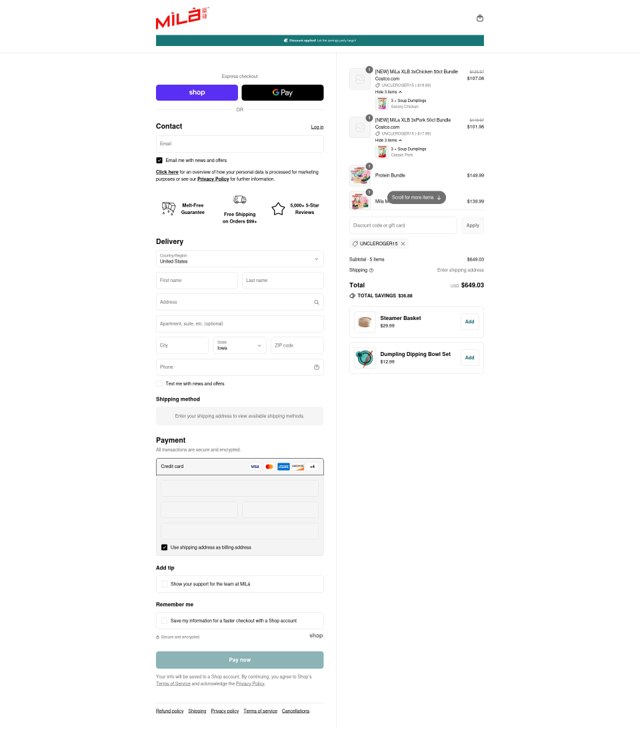 MìLà Dumplings checkout page showing MìLà Dumplings promo code box | Screenshot taken by SimplyCodes community member on Sep 6, 2025