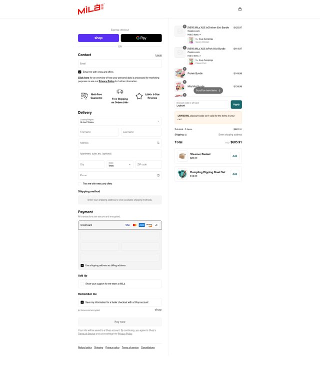 MìLà Dumplings checkout page showing MìLà Dumplings promo code box | Screenshot taken by SimplyCodes community member on Sep 6, 2025
