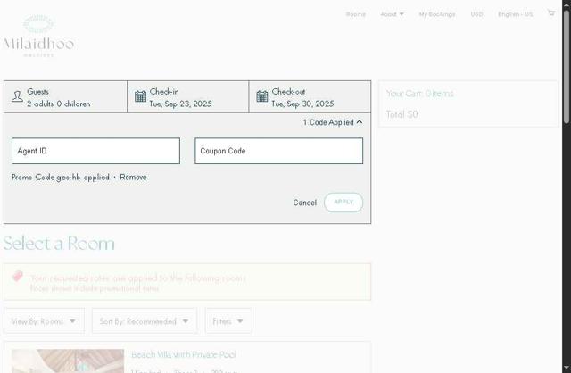 Milaidhoo Island Maldives checkout page showing Milaidhoo Island Maldives promo code box | Screenshot taken by SimplyCodes community member on Aug 16, 2025