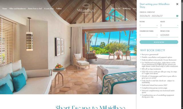 Milaidhoo Island Maldives checkout page showing Milaidhoo Island Maldives promo code box | Screenshot taken by SimplyCodes community member on May 14, 2025
