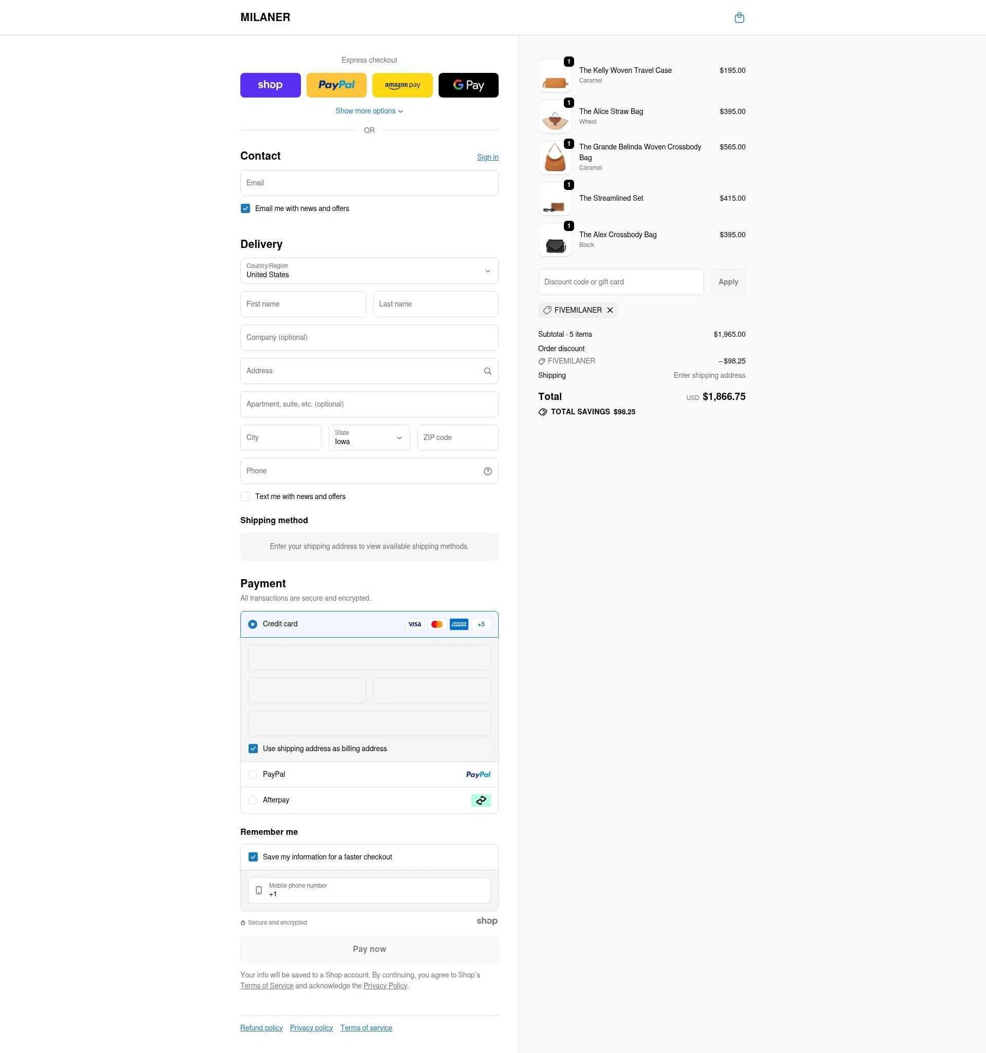 Milaner checkout page showing Milaner discount code box | Screenshot taken by SimplyCodes community member on Dec 14, 2025
