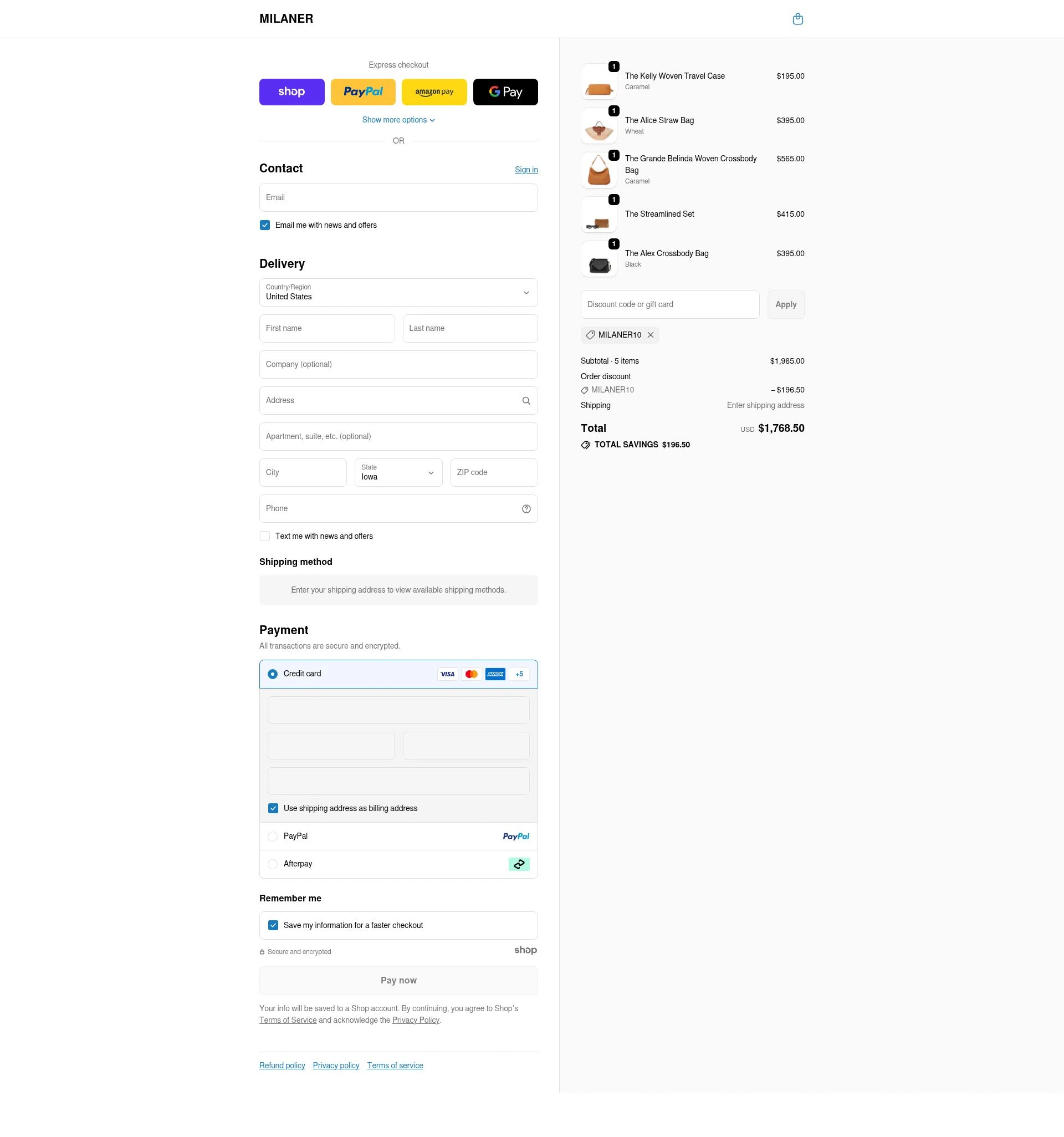 Milaner checkout page showing Milaner discount code box | Screenshot taken by SimplyCodes community member on Dec 14, 2025
