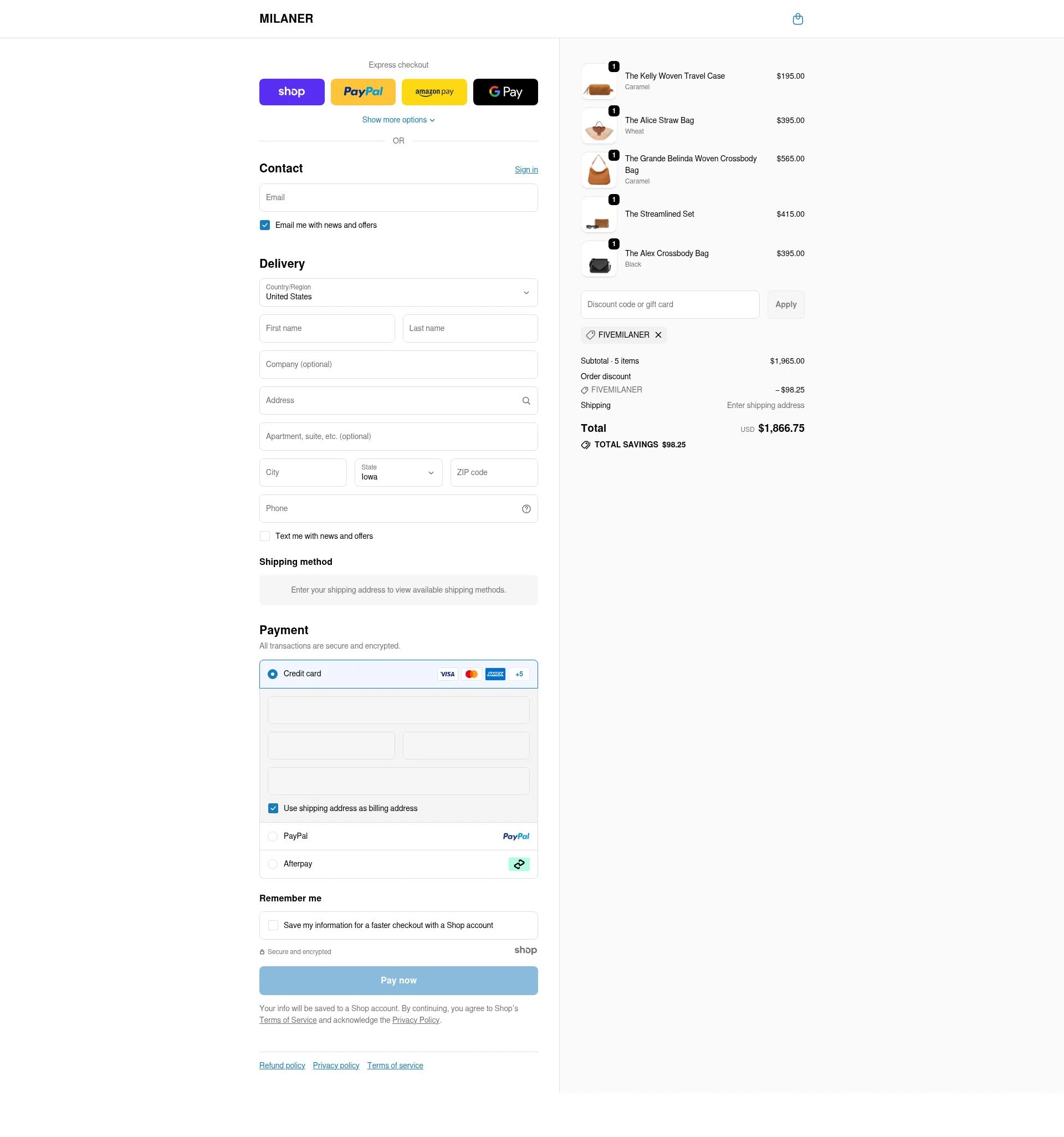 Milaner checkout page showing Milaner discount code box | Screenshot taken by SimplyCodes community member on Dec 3, 2025