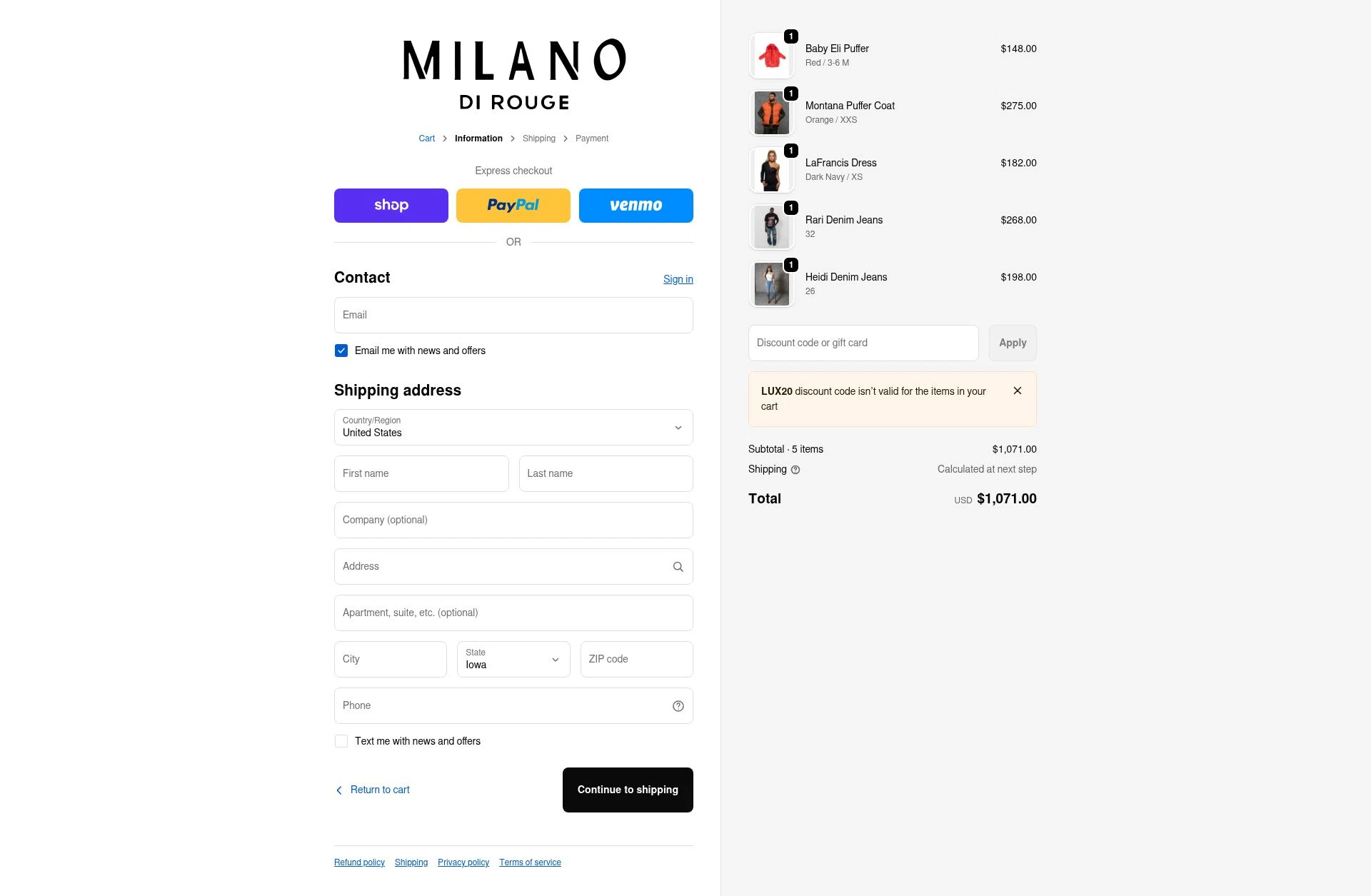 Milano Di Rouge checkout page showing Milano Di Rouge promo code box | Screenshot taken by SimplyCodes community member on Feb 16, 2026