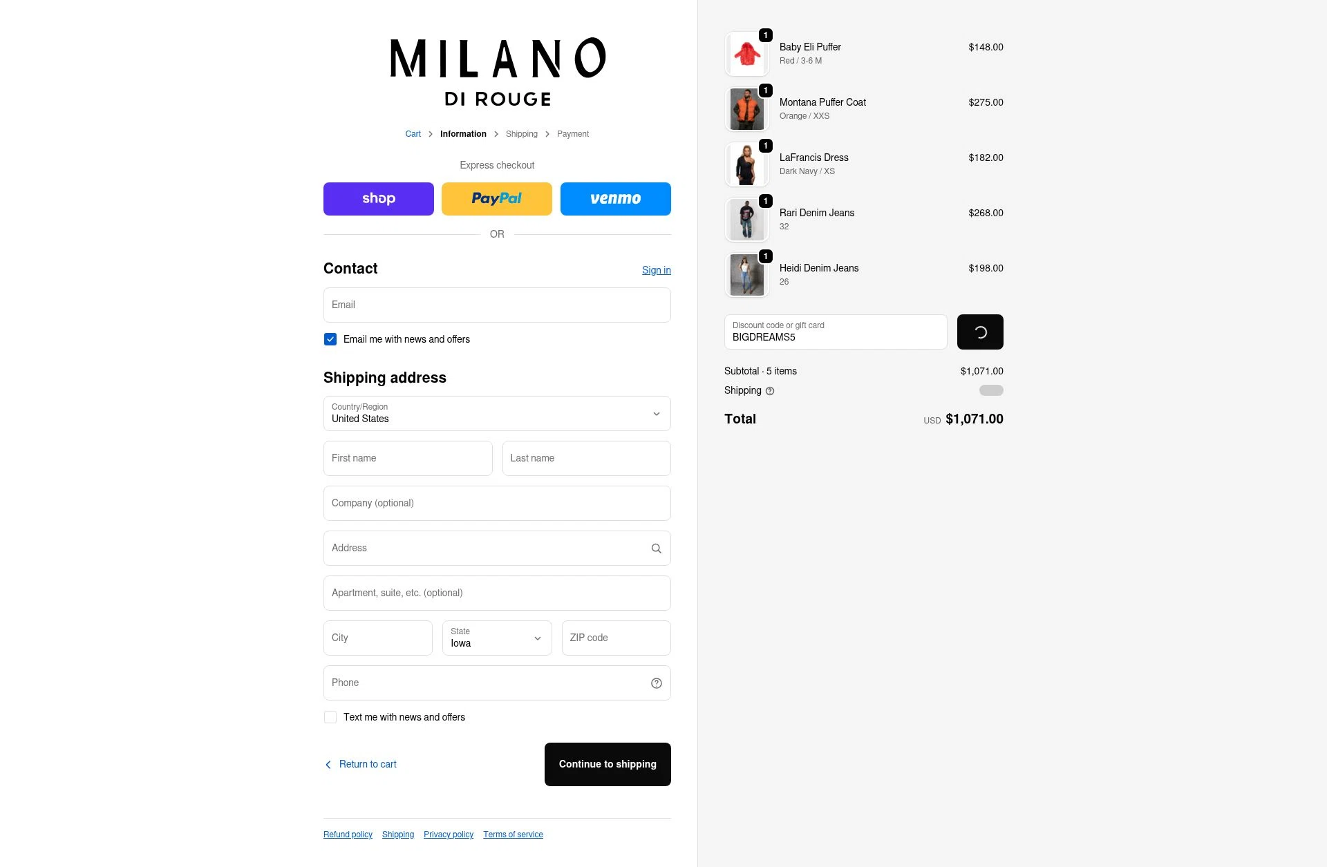 Milano Di Rouge checkout page showing Milano Di Rouge promo code box | Screenshot taken by SimplyCodes community member on Feb 16, 2026