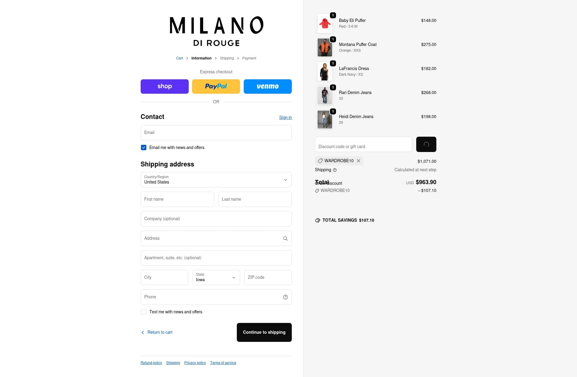 Milano Di Rouge checkout page showing Milano Di Rouge promo code box | Screenshot taken by SimplyCodes community member on Feb 16, 2026