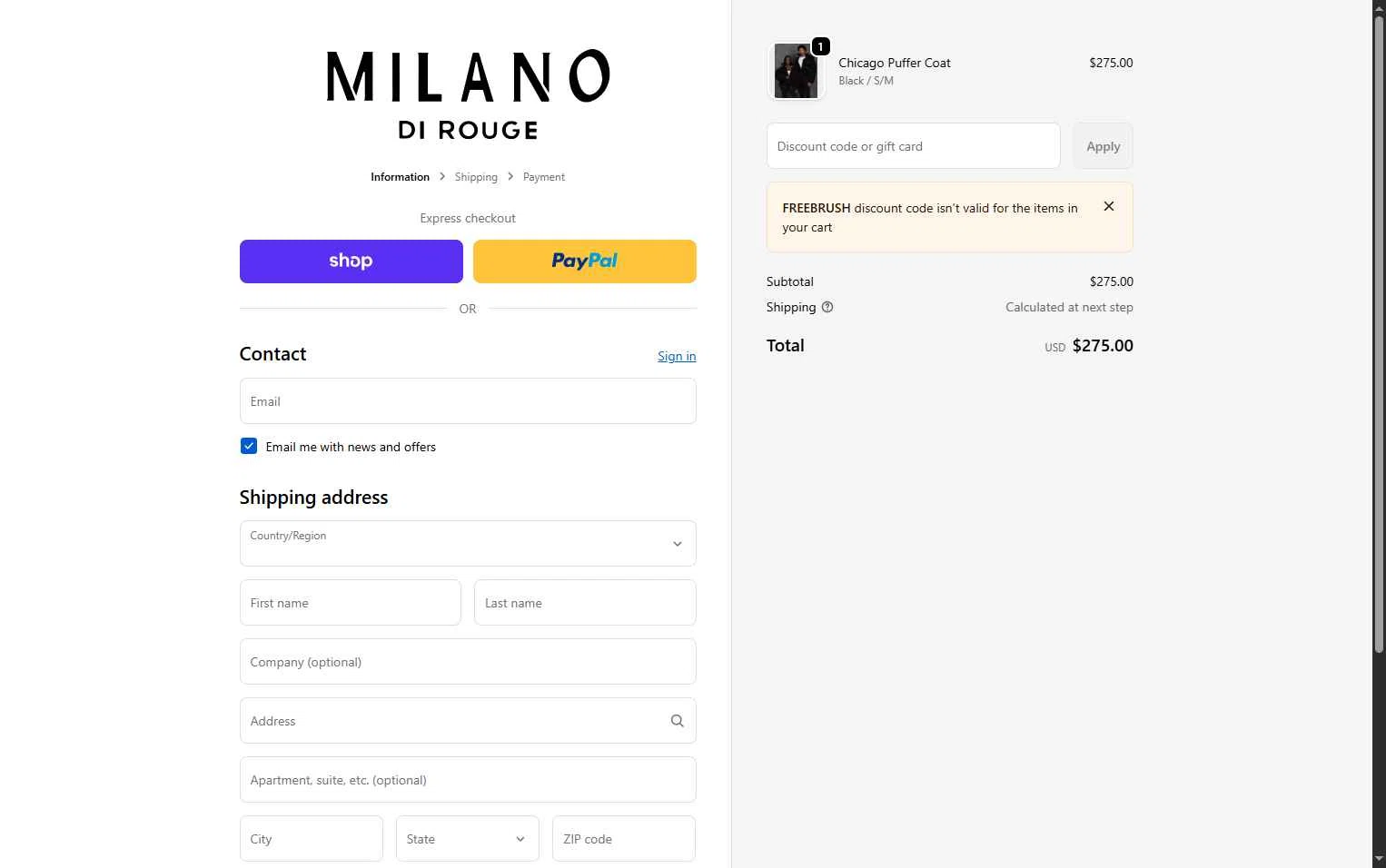 Milano Di Rouge checkout page showing Milano Di Rouge promo code box | Screenshot taken by SimplyCodes community member on Feb 17, 2026
