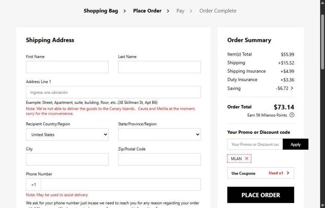 Milanoo checkout page showing Milanoo coupon code box | Screenshot taken by SimplyCodes community member on Sep 12, 2025