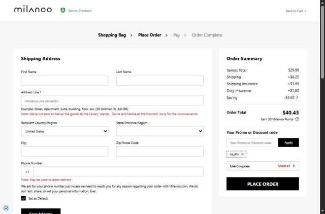 Milanoo checkout page showing Milanoo coupon code box | Screenshot taken by SimplyCodes community member on Sep 3, 2025
