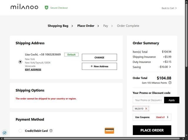 Milanoo checkout page showing Milanoo coupon code box | Screenshot taken by SimplyCodes community member on Sep 10, 2025