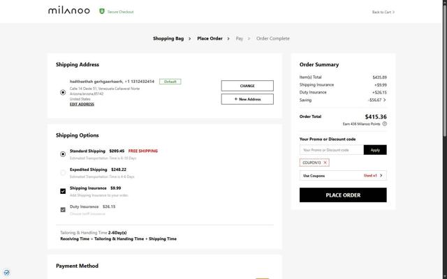 Milanoo checkout page showing Milanoo coupon code box | Screenshot taken by SimplyCodes community member on Sep 10, 2025