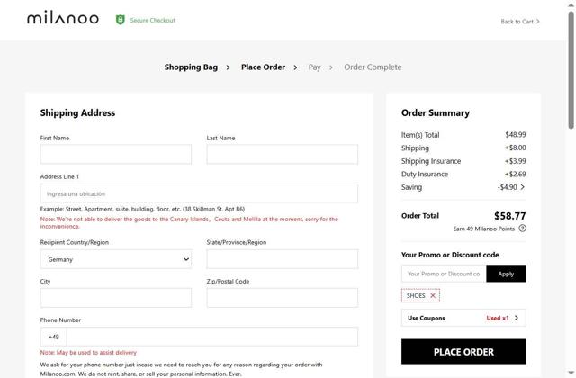 Milanoo checkout page showing Milanoo coupon code box | Screenshot taken by SimplyCodes community member on Sep 3, 2025