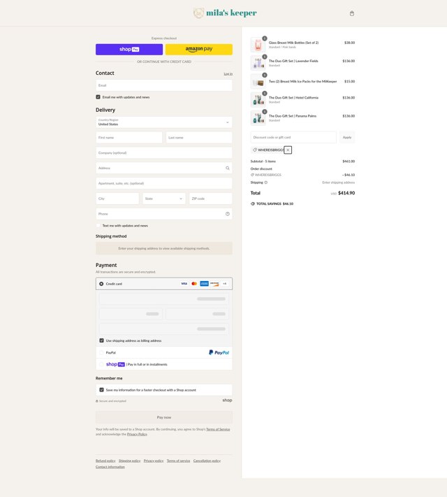 Mila's Keeper checkout page showing Mila's Keeper discount code box | Screenshot taken by SimplyCodes community member on Feb 23, 2025