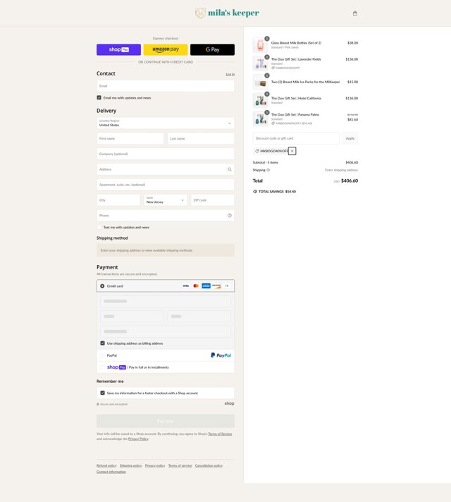 Mila's Keeper checkout page showing Mila's Keeper discount code box | Screenshot taken by SimplyCodes community member on Feb 8, 2025