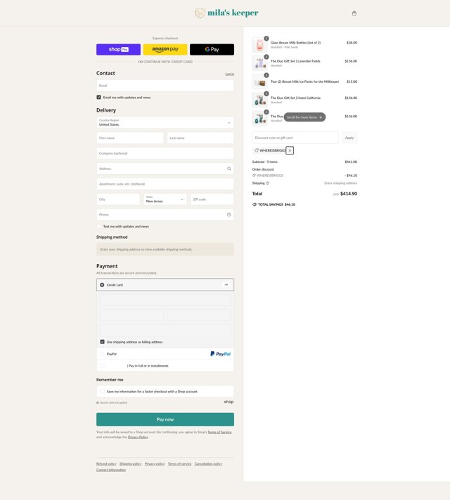 Mila's Keeper checkout page showing Mila's Keeper discount code box | Screenshot taken by SimplyCodes community member on Feb 12, 2025
