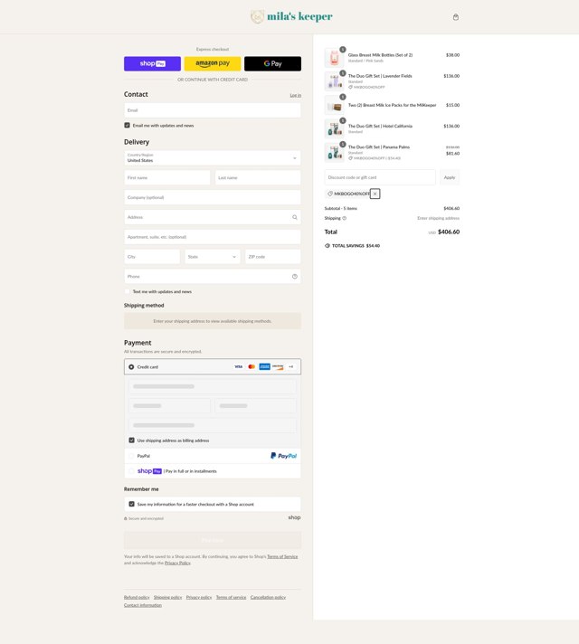 Mila's Keeper checkout page showing Mila's Keeper discount code box | Screenshot taken by SimplyCodes community member on Feb 21, 2025