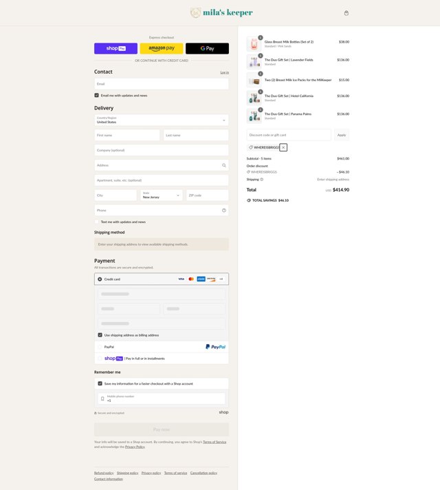 Mila's Keeper checkout page showing Mila's Keeper discount code box | Screenshot taken by SimplyCodes community member on Feb 8, 2025