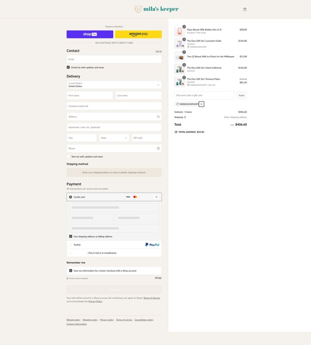 Mila's Keeper checkout page showing Mila's Keeper discount code box | Screenshot taken by SimplyCodes community member on Feb 23, 2025