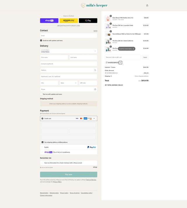Mila's Keeper checkout page showing Mila's Keeper discount code box | Screenshot taken by SimplyCodes community member on Feb 21, 2025