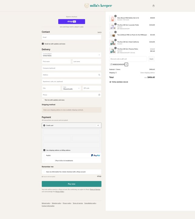 Mila's Keeper checkout page showing Mila's Keeper discount code box | Screenshot taken by SimplyCodes community member on Jan 31, 2025