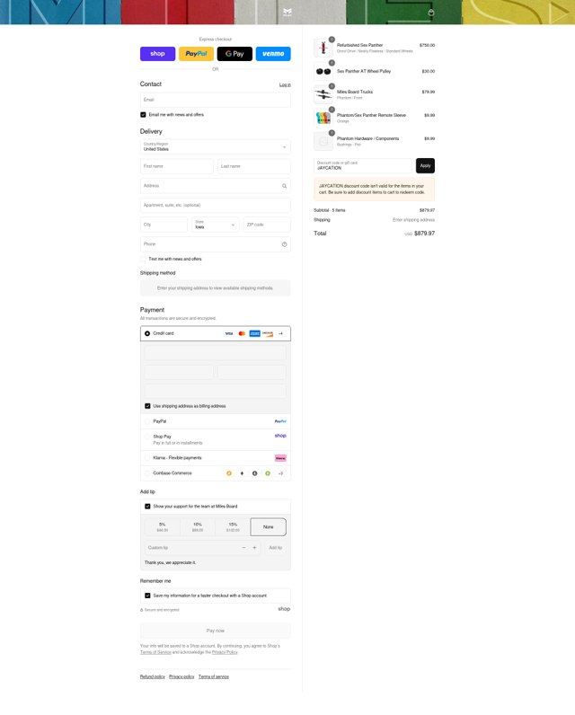 Miles Board checkout page showing Miles Board discount code box | Screenshot taken by SimplyCodes community member on Sep 2, 2025