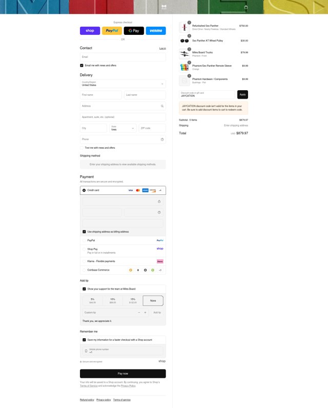 Miles Board checkout page showing Miles Board discount code box | Screenshot taken by SimplyCodes community member on Aug 29, 2025