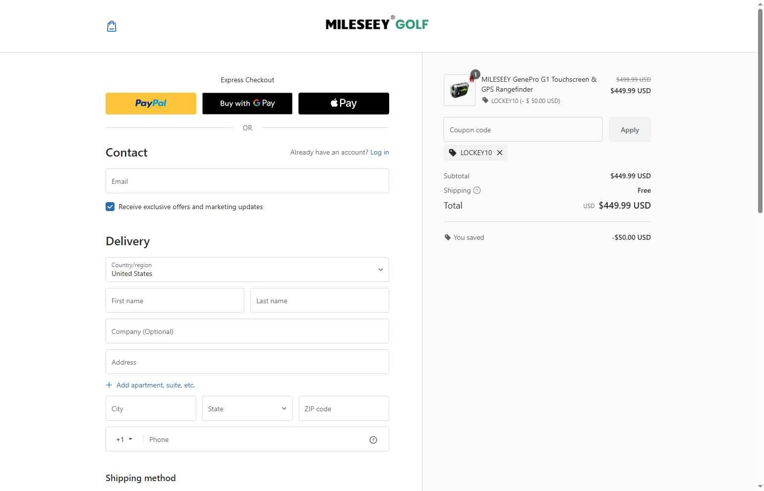 Mileseey Golf checkout page showing Mileseey Golf promo code box | Screenshot taken by SimplyCodes community member on Jan 6, 2026