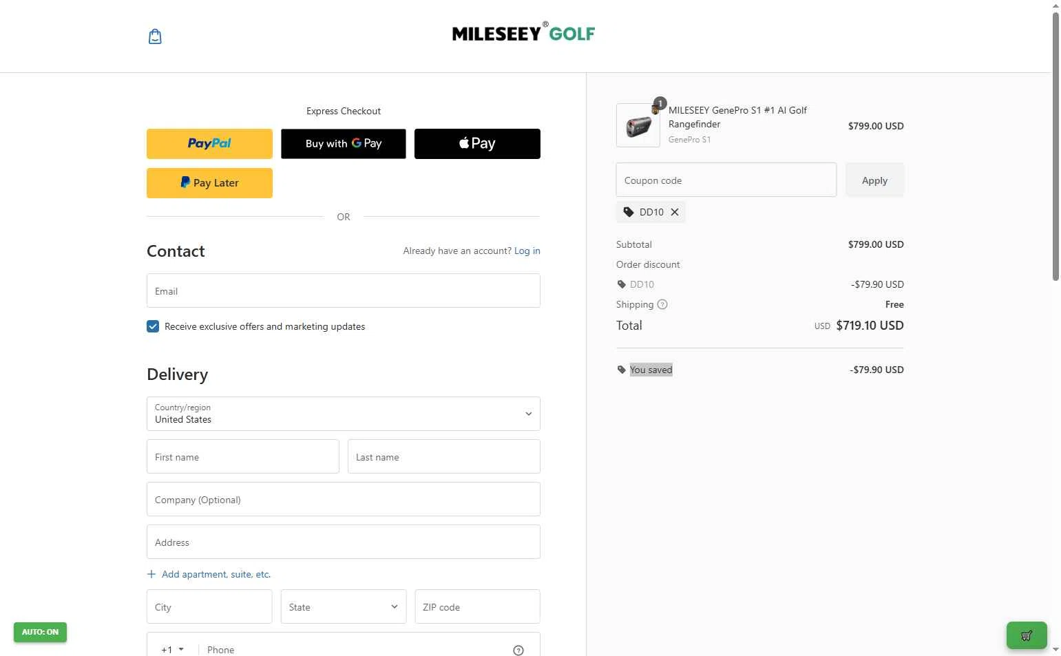Mileseey Golf checkout page showing Mileseey Golf promo code box | Screenshot taken by SimplyCodes community member on Dec 21, 2025