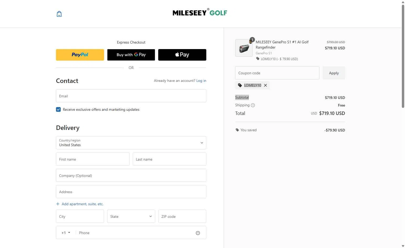 Mileseey Golf checkout page showing Mileseey Golf promo code box | Screenshot taken by SimplyCodes community member on Nov 30, 2025