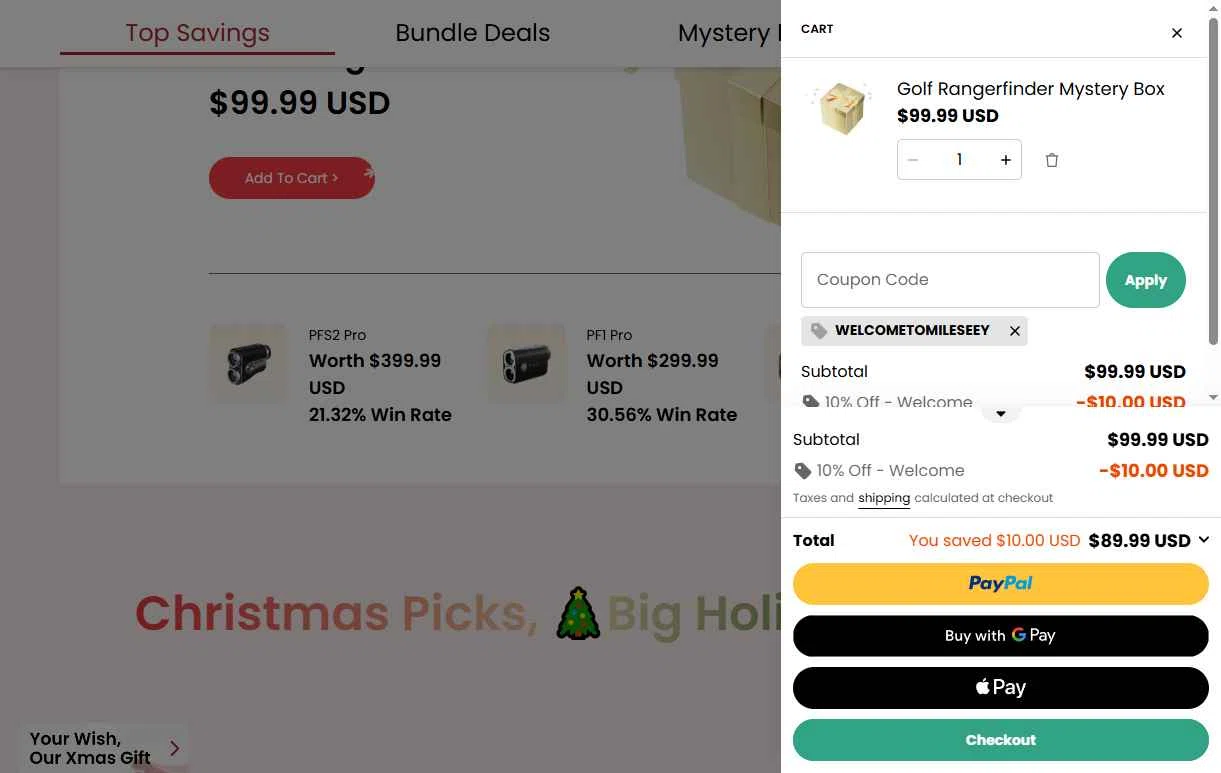 Mileseey Golf checkout page showing Mileseey Golf promo code box | Screenshot taken by SimplyCodes community member on Dec 11, 2025