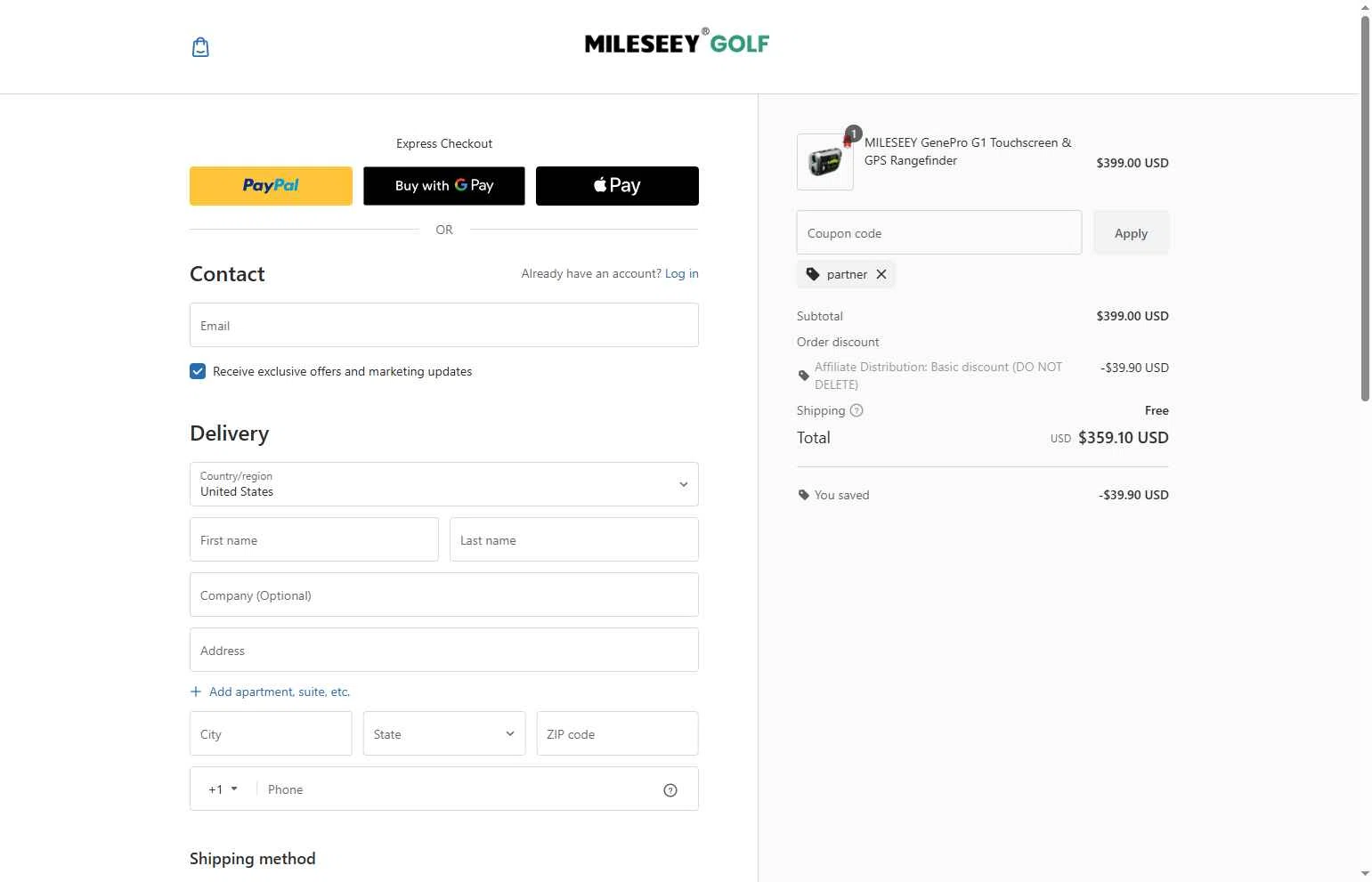 Mileseey Golf checkout page showing Mileseey Golf promo code box | Screenshot taken by SimplyCodes community member on Dec 21, 2025