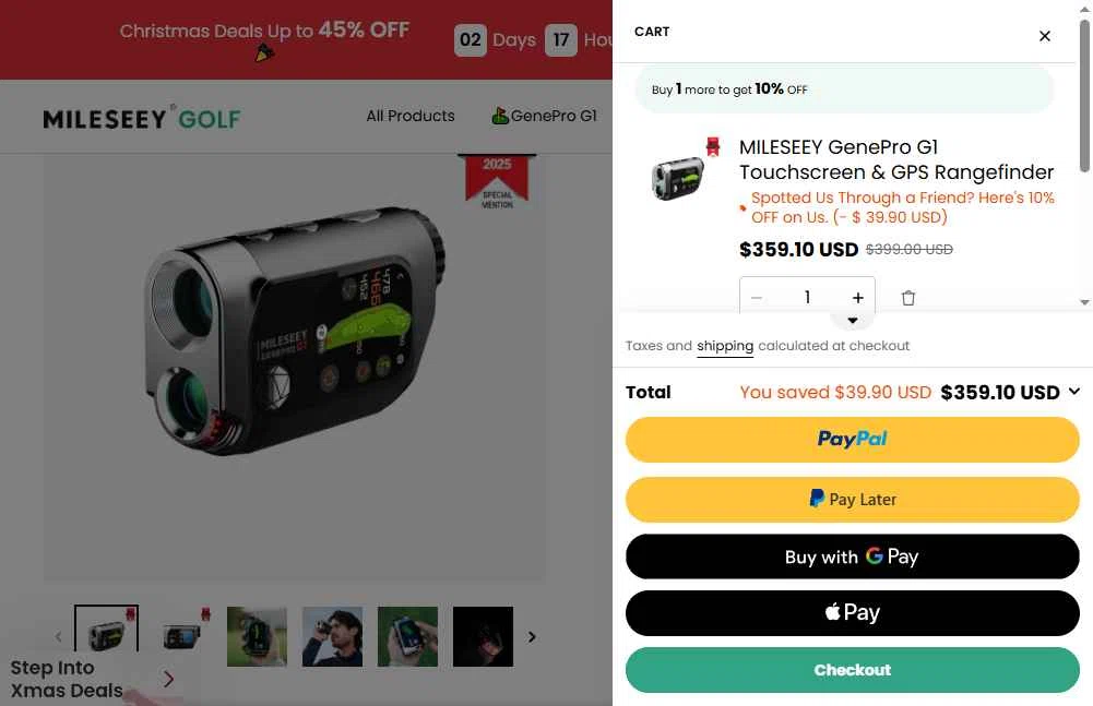 Mileseey Golf checkout page showing Mileseey Golf promo code box | Screenshot taken by SimplyCodes community member on Dec 23, 2025