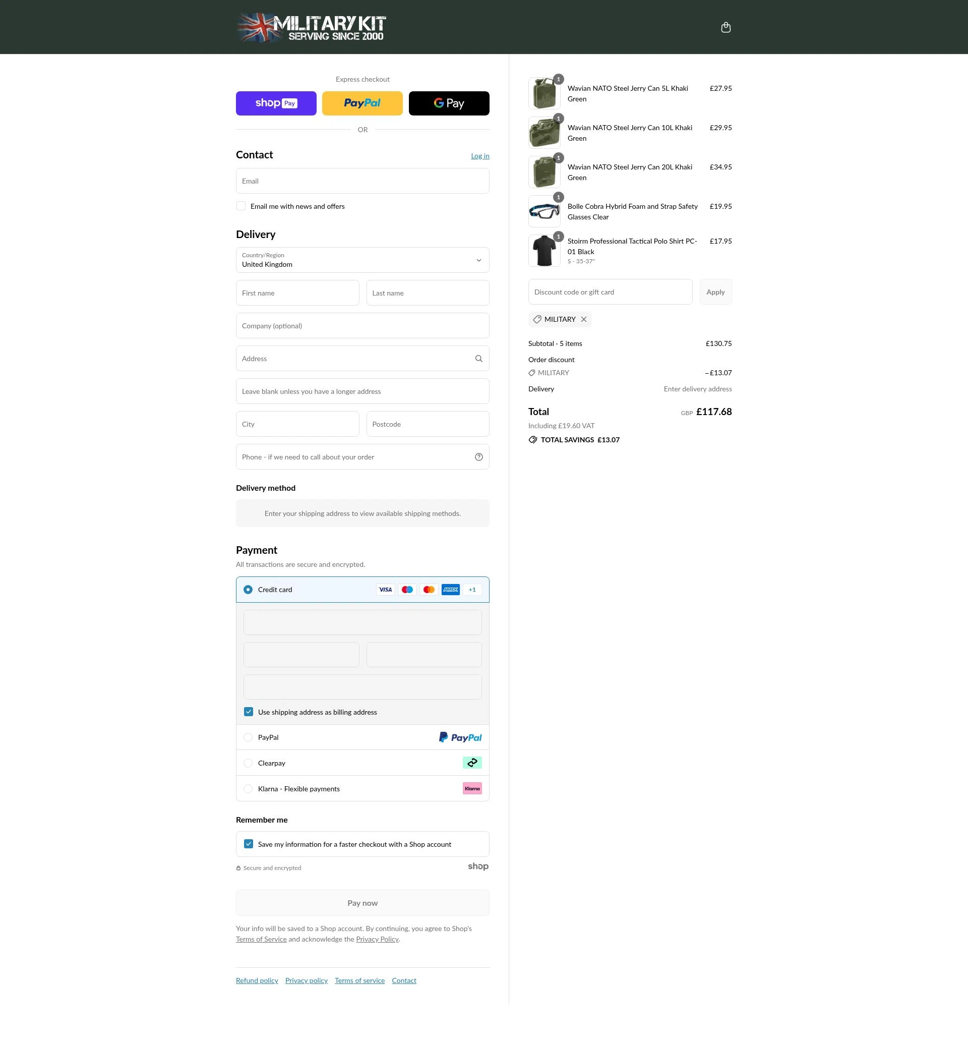Military Kit checkout page showing Military Kit discount code box | Screenshot taken by SimplyCodes community member on Jul 26, 2025