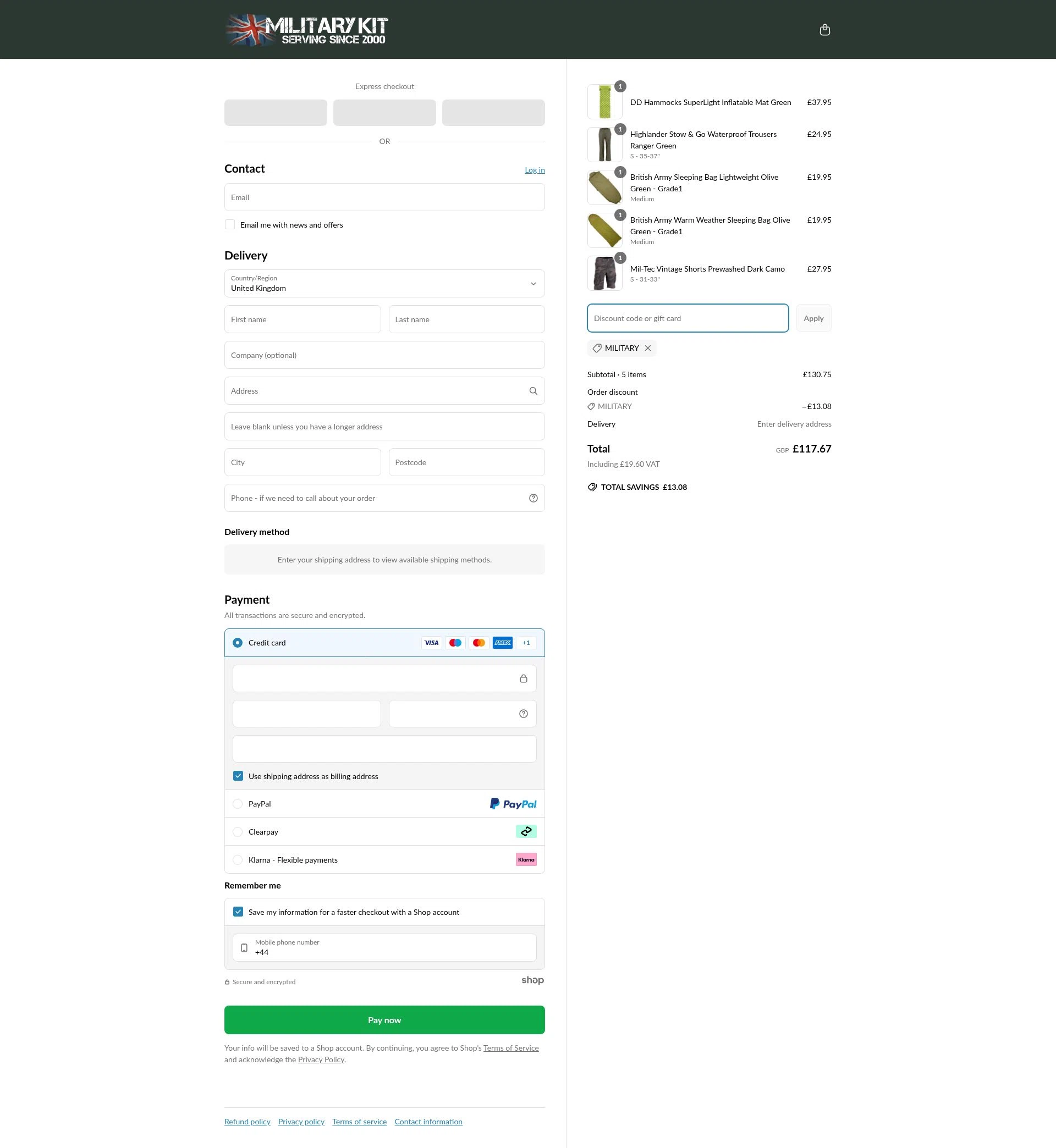 Military Kit checkout page showing Military Kit discount code box | Screenshot taken by SimplyCodes community member on Jun 21, 2025