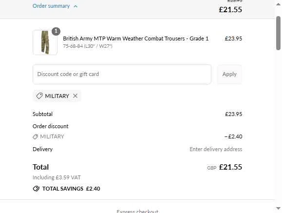 Military Kit checkout page showing Military Kit discount code box | Screenshot taken by SimplyCodes community member on Jul 14, 2025