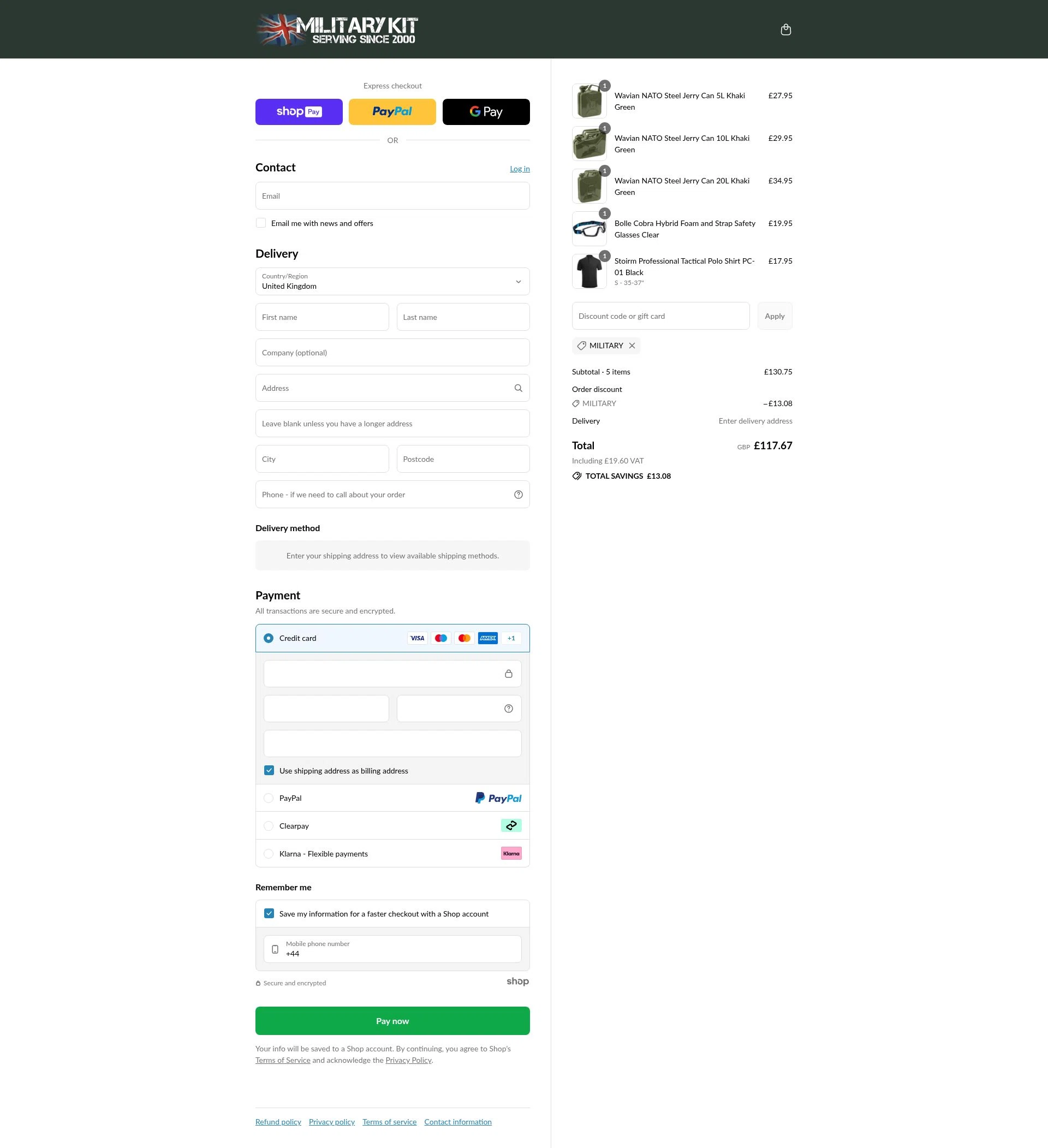 Military Kit checkout page showing Military Kit discount code box | Screenshot taken by SimplyCodes community member on Jul 13, 2025