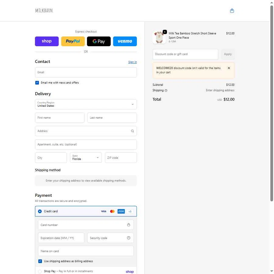 MILKBARN checkout page showing MILKBARN promo code box | Screenshot taken by SimplyCodes community member on Feb 10, 2026