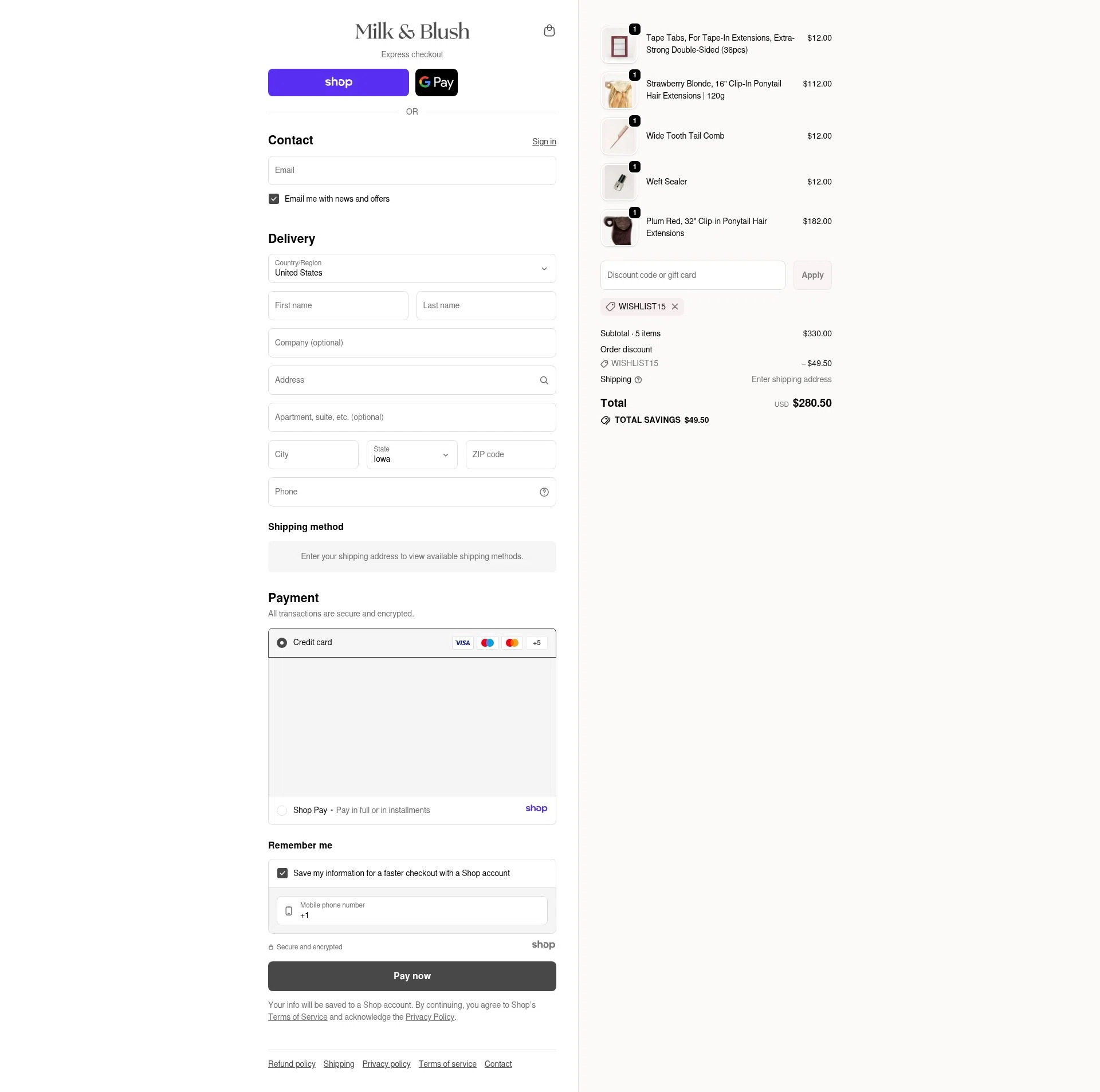 Milk + Blush checkout page showing Milk + Blush discount code box | Screenshot taken by SimplyCodes community member on Nov 9, 2025