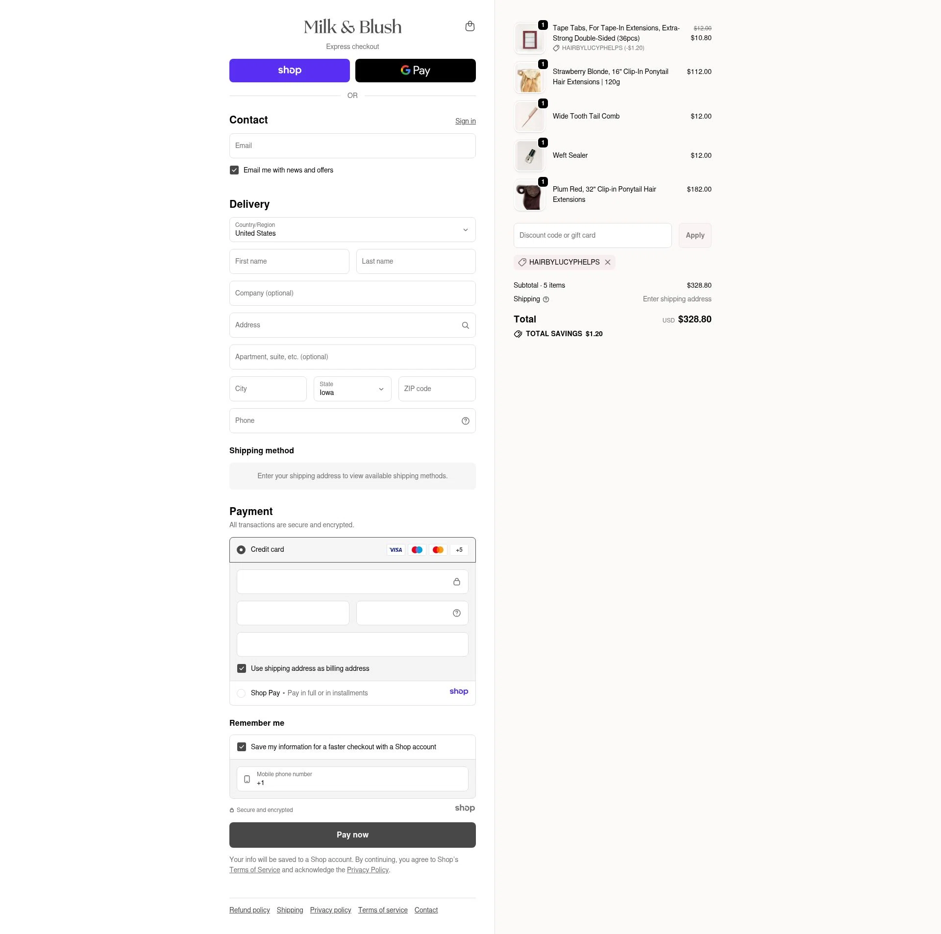 Milk + Blush checkout page showing Milk + Blush discount code box | Screenshot taken by SimplyCodes community member on Nov 14, 2025