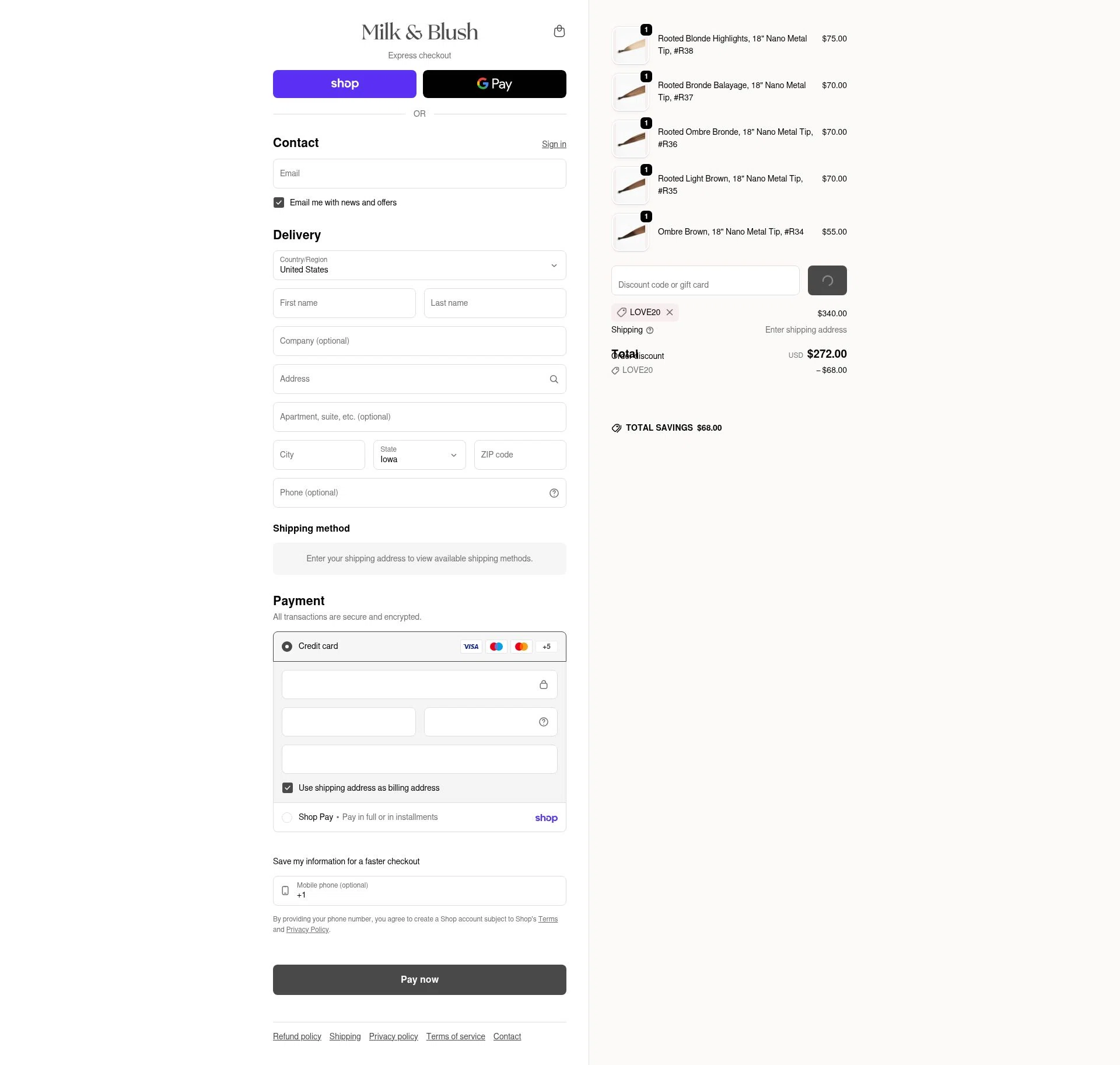 Milk + Blush checkout page showing Milk + Blush discount code box | Screenshot taken by SimplyCodes community member on Feb 17, 2026