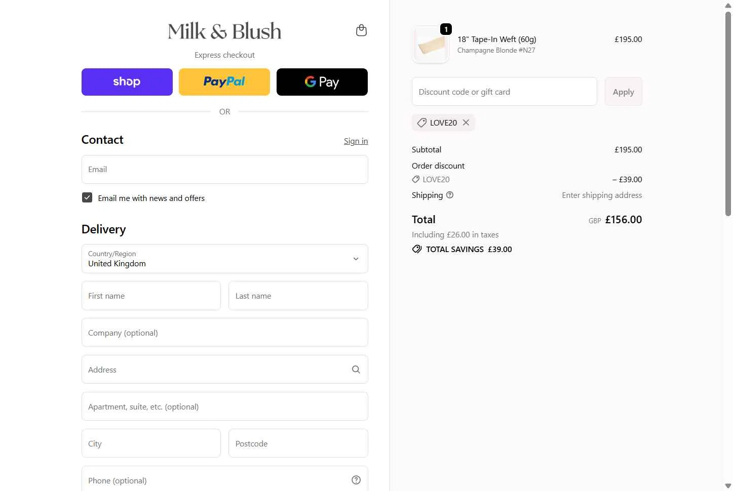 Milk + Blush checkout page showing Milk + Blush discount code box | Screenshot taken by SimplyCodes community member on Feb 10, 2026