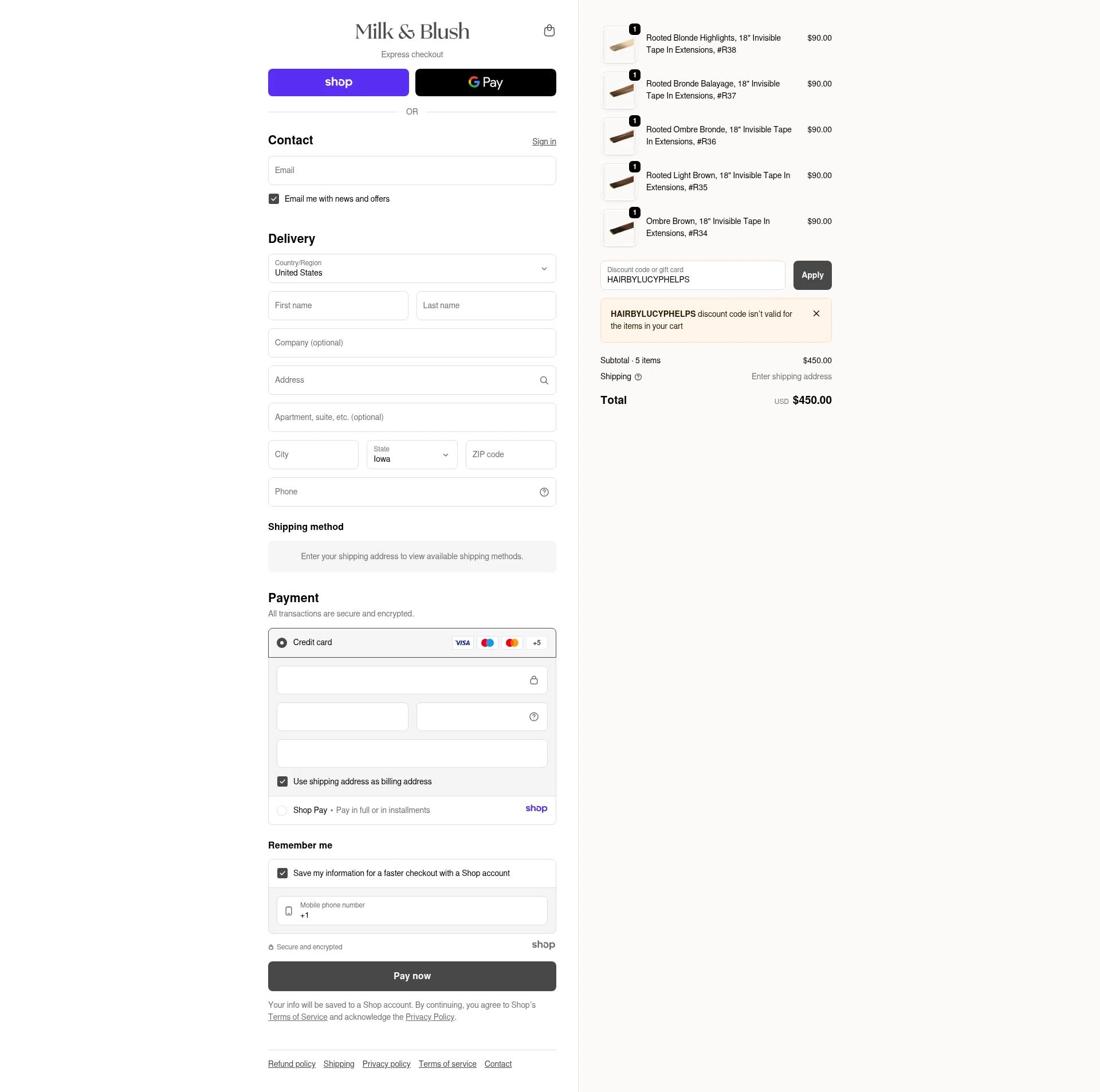 Milk + Blush checkout page showing Milk + Blush discount code box | Screenshot taken by SimplyCodes community member on Nov 19, 2025