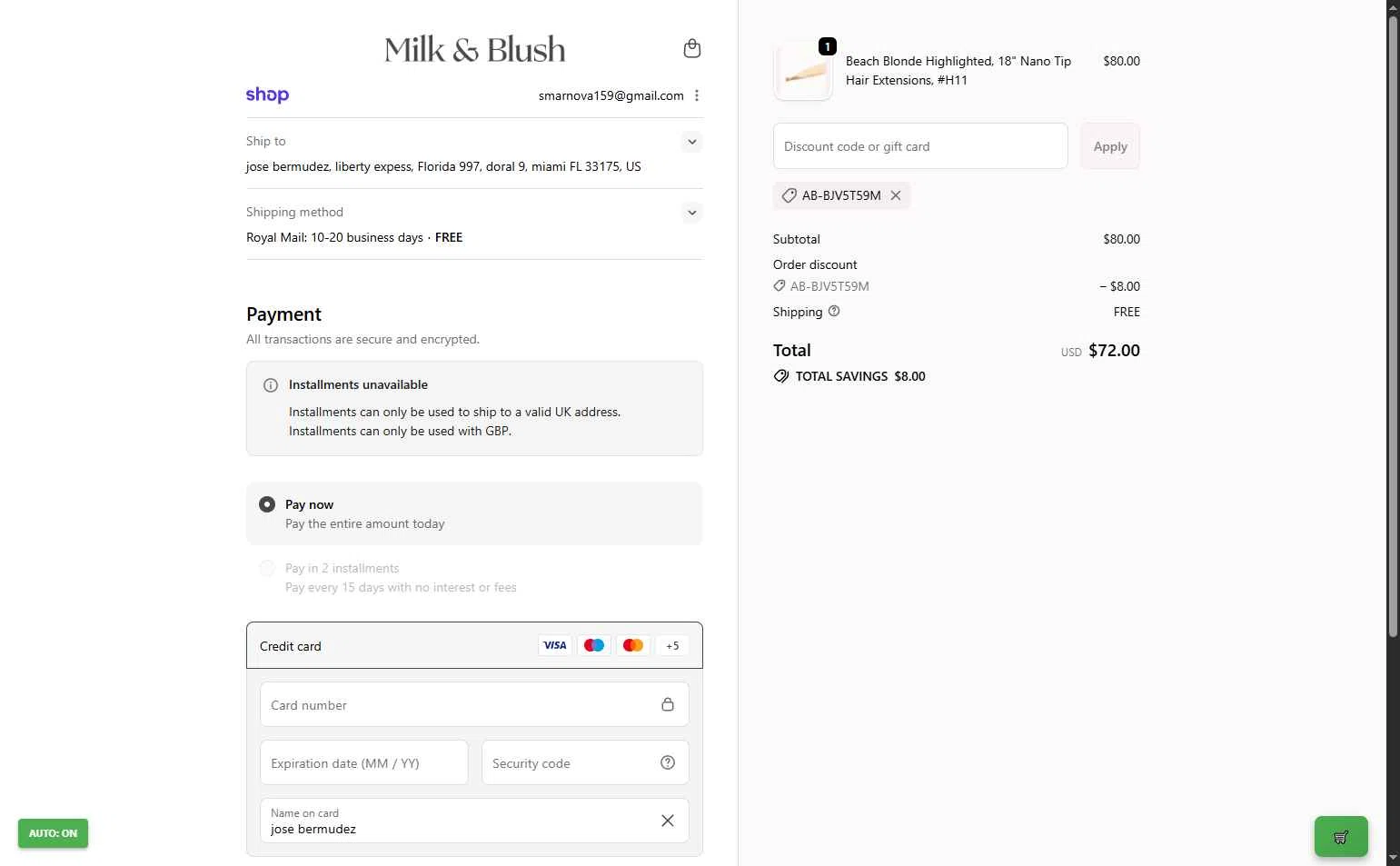 Milk + Blush checkout page showing Milk + Blush discount code box | Screenshot taken by SimplyCodes community member on Dec 13, 2025
