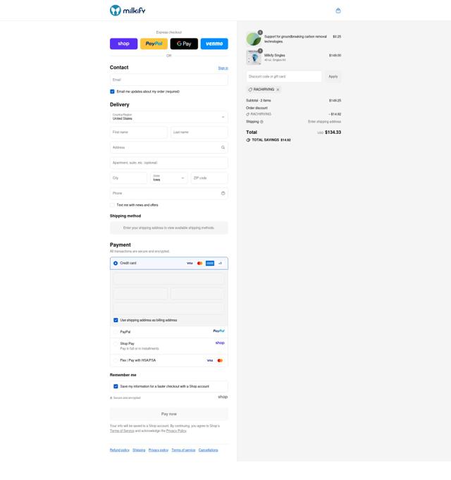 Milkify checkout page showing Milkify discount code box | Screenshot taken by SimplyCodes community member on Sep 12, 2025