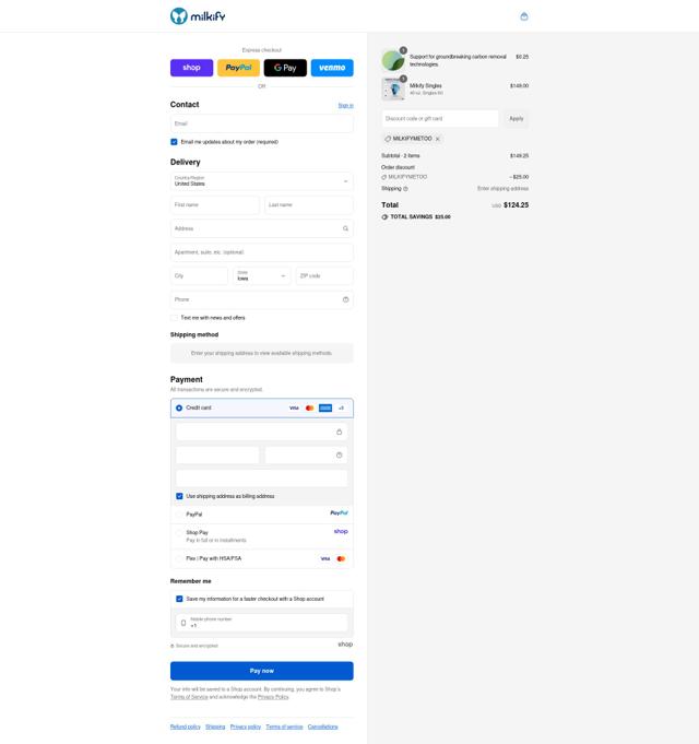 Milkify checkout page showing Milkify discount code box | Screenshot taken by SimplyCodes community member on Sep 12, 2025