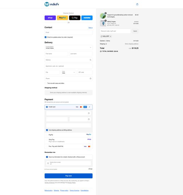 Milkify checkout page showing Milkify discount code box | Screenshot taken by SimplyCodes community member on Sep 12, 2025