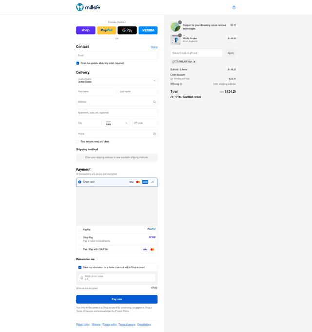 Milkify checkout page showing Milkify discount code box | Screenshot taken by SimplyCodes community member on Sep 12, 2025