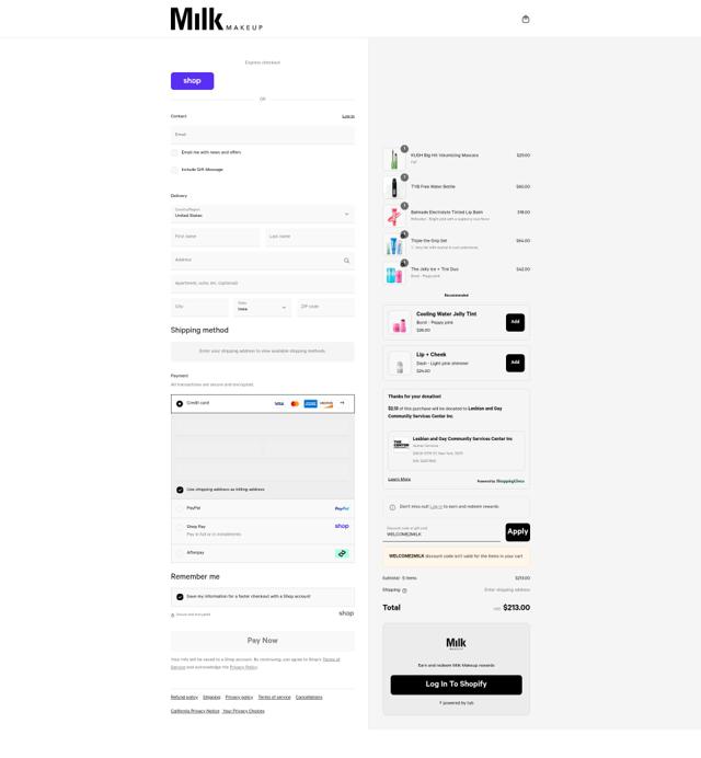 Milk Makeup checkout page showing Milk Makeup promo code box | Screenshot taken by SimplyCodes community member on Sep 6, 2025