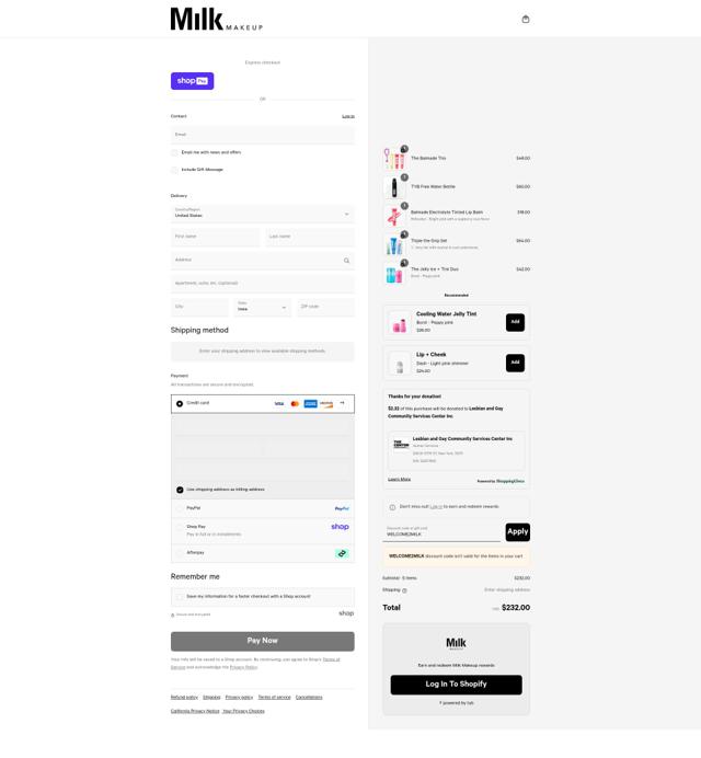 Milk Makeup checkout page showing Milk Makeup promo code box | Screenshot taken by SimplyCodes community member on Aug 15, 2025